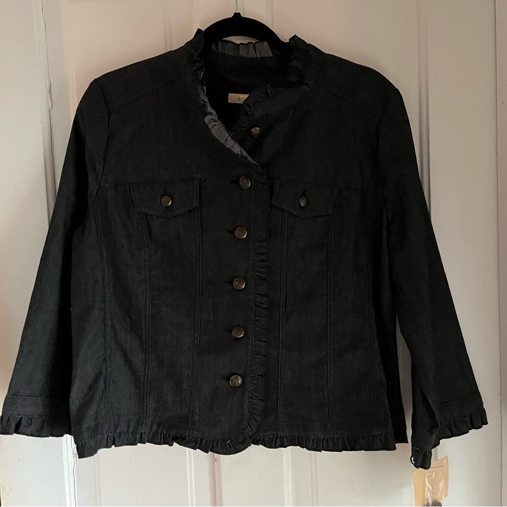 Sandro Black/Charcoal Chambray Jacket with Ruffle Trim size large NWT